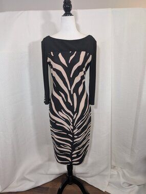 Joseph Ribkoff Zebra Print Dress Black & Beige Size 6 Stretch Cocktail Wedding